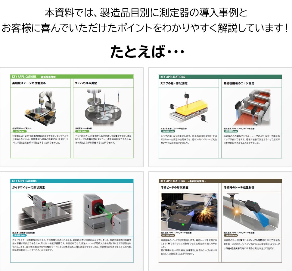 本資料では、製造品目別に測定器の導入事例とお客様に喜んでいただけたポイントをわかりやすく解説しています！